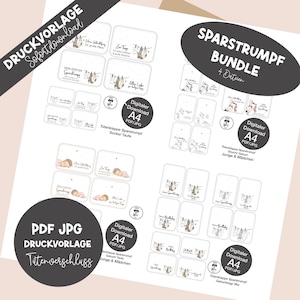 Könnte beinhalten: Ein digitaler Download von druckbaren Karten mit verschiedenen Designs, darunter Babysocken auf einer Wäscheleine und Illustrationen schlafender Babys. Die Karten sind mit deutschem Text beschriftet und im A4 PDF/JPG-Format erhältlich.