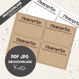Può includere: Un foglio di etichette marroni con il testo "Finanzspritze" e "Nebenwirkungen: spontane Shoppinglust!" stampato in nero. Le etichette sono decorate con piccoli puntini grigi. L'immagine include anche il testo "PDF JPG DRUCKVORLAGE Karte".