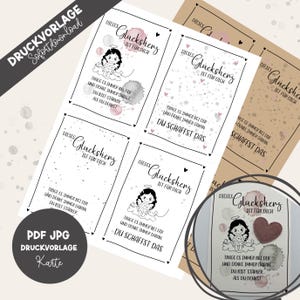 Può includere: Un set di biglietti stampabili con un design a cuore e angelo. Le carte presentano testo e illustrazioni in tedesco, con frasi come "Questo cuore è per te" e "Ce la puoi fare". Download immediato.