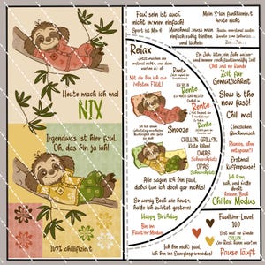 May include: A whimsical illustration featuring a sloth in pajamas, lounging on a tree branch. The image includes German text with phrases like "Chill mal" and "Happy Birthday," suggesting a relaxed theme. The design is suitable for wall art or a greeting card.