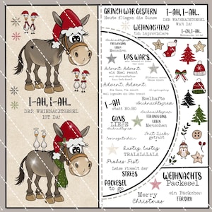 Könnte beinhalten: Festliche Weihnachtsillustration mit einem Esel, der einen Weihnachtsmannhut und einen Schal trägt. Das Bild enthält deutschen Text und festliche Dekorationen wie Sterne, Weihnachtsbäume und einen Strumpf. Der Esel ist das zentrale Motiv.
