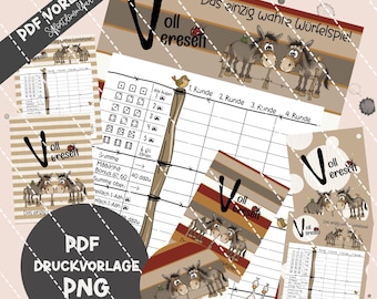 Digistamp Würfelspiel „Voll Vereselt“ 3 PNGs/PDF zum Sublimieren u.Drucken (Spielfeld, Hülle + Würfelmatte)DIY – Esel in 3 Farben