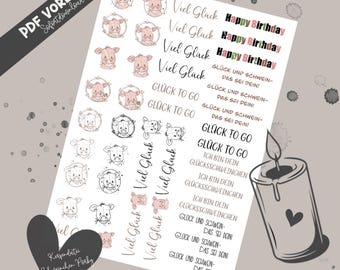 Candle tattoo piggy Porky- candle stickers - PDF - design candles- rub ons transfer - pdf birthday- congratulations- luck PDF template