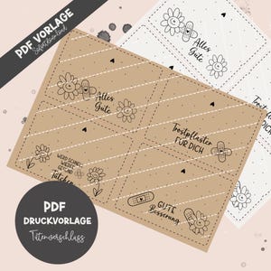 Könnte beinhalten: Druckbare PDF-Vorlage mit vier verschiedenen Gute-Besserungs-Karten mit einem Pflaster- und Blumendesign. Die Karten sagen "Alles Gute", "Trostpflaster fur dich", "Werd schnell wieder gesund Tutchen" und "Gute Besserung".