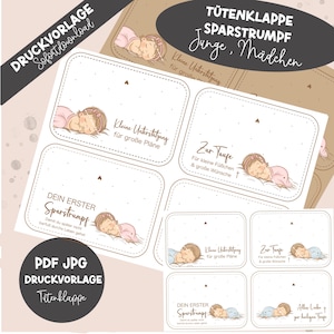 Könnte beinhalten: Druckbare Babyparty-Geschenkanhänger mit Illustrationen schlafender Babys. Die Anhänger enthalten deutschen Text, darunter "DRUCKVORLAGE Sofort download" und "TÜTENKLAPPE SPARSTRUMPF Junge, Mädchen". Verfügbar in PDF- und JPG-Formaten.