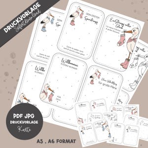 May include: A collection of printable baby shower cards featuring stork illustrations carrying socks. The cards have text in German, including "Willkommen Kleines Wunder" and "Ein Strampe voller Glück". The cards are available in A5 and A6 formats.