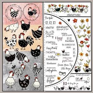Könnte beinhalten: Ein dekorativer Druck mit verschiedenen schwarz-weißen Hühnerillustrationen mit roten Akzenten. Das Design enthält Text auf Deutsch sowie Blumen- und Eimotive. Das Gesamtthema bezieht sich auf Hühner und das Leben auf dem Bauernhof.