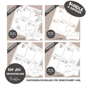 Könnte beinhalten: Ein Bundle von vier druckbaren Kartendesigns, jedes mit einem einzigartigen Thema. Die Karten zeigen Illustrationen von Störchen, Babys und Burgen mit deutschem Text. Die Karten sind im A5- und A6-Format.