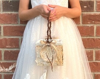 Square Rustic Birch Bark Flower Girl Basket for your Wedding, Fall Wedding Basket, White Square Wooden Basket, Rustic, Woodland, Natural