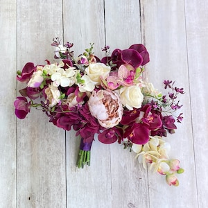 Cascading Deep Purple Orchid Wedding Bouquet, Bridal Bouquet, Beach Wedding, Fall Wedding, Orchid Bouquets, Large Elegant Tropical Boho afbeelding 1