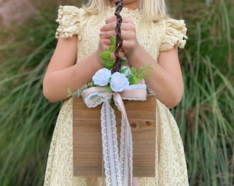 Wooden Flower Girl Basket, Wooden Box with White Roses, Decorated with Flowers, Custom Made in your Colors, Farmhouse, Woodland, Country