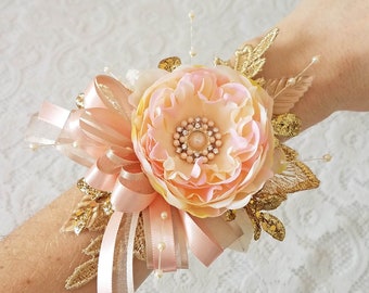 Prom Pink & Gold Wrist Corsage and Boutonniere, Flower Bracelet, Wrist Corsages, Light Pink Corsage, Rhinestone Wristband, Homecoming Dance