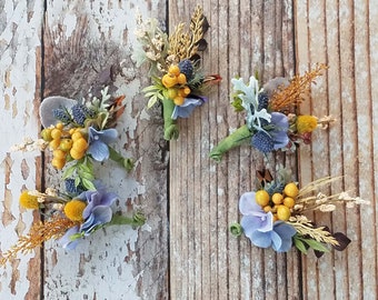 Yellow & Blue Boutonnieres, Fall Boutonnieres, Wedding Boutonnieres, Blue Hydrangeas, Yellow Berries, Boutonniere Collection, Ready to Ship
