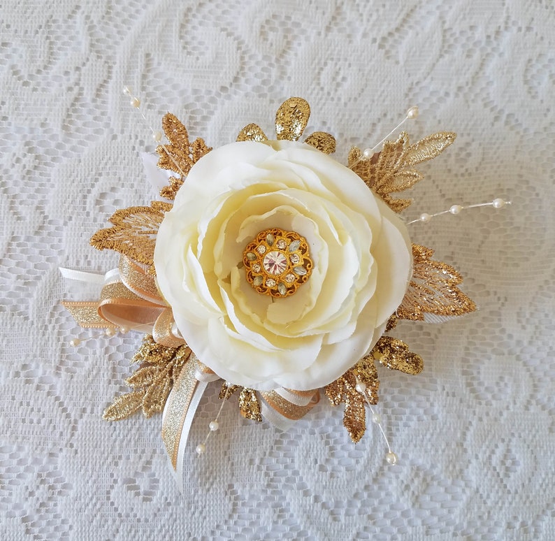 Prom Gold & Ivory Gatsby Wrist Corsage with matching Etsy