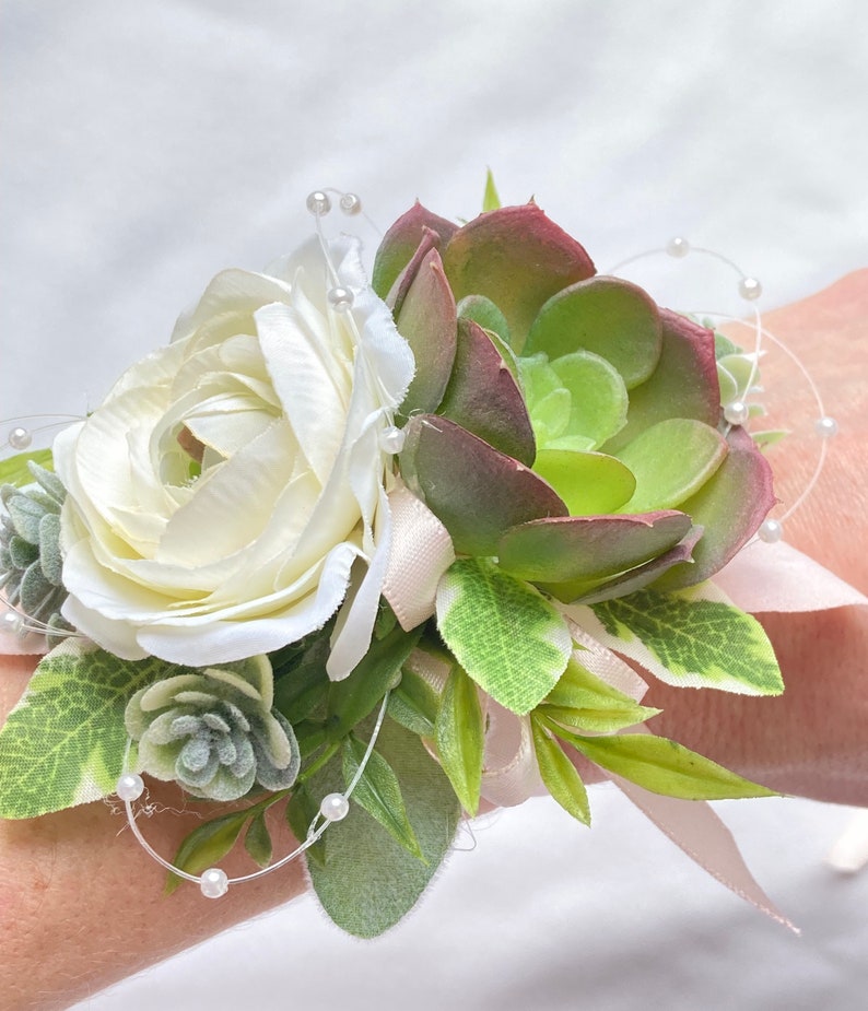 White & Light Pink Succulent Wrist Corsage for Prom, Succulent Bracelet, Tie on Wristband, Artificial Succulents, Wristlet, Formal Dance Bild 2