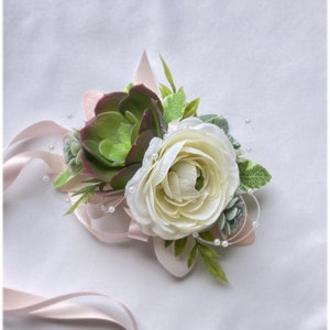 White & Light Pink Succulent Wrist Corsage for Prom, Succulent Bracelet, Tie on Wristband, Artificial Succulents, Wristlet, Formal Dance Bild 1