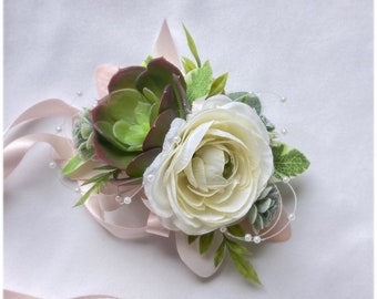 White & Light Pink Succulent Wrist Corsage for Prom, Succulent Bracelet, Tie on Wristband, Artificial Succulents, Wristlet, Formal Dance