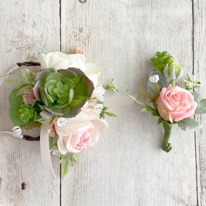 Rustic Pink Rose and Succulent Wrist Corsage & Boutonniere for Prom on Twig Wristband, Succulent Bracelet, Artificial Wristlet, Formal Dance image 5