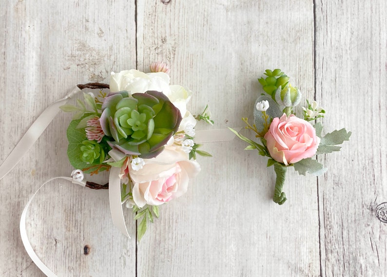 Rustic Pink Rose and Succulent Wrist Corsage & Boutonniere for Prom on Twig Wristband, Succulent Bracelet, Artificial Wristlet, Formal Dance image 5