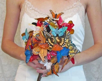 Fall Butterfly Bouquet, Orange, Blue and Red Bridal Wedding Bouquet, Fake Feather Butterflies, Unique, Alternative Bouquets, Whimsical