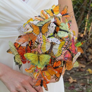 Butterfly Wedding Bouquet: Yellow, Orange Monarch Feather Butterflies