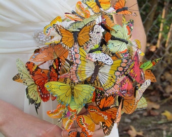 Bright Yellow Butterfly Wedding Bouquet with Feather Butterflies, Summer, Fall Wedding, Small Bridal Bouquets, Bride, Orange Monarch