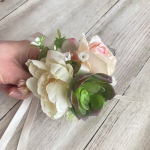 Rustic Pink Rose and Succulent Wrist Corsage & Boutonniere for Prom on Twig Wristband, Succulent Bracelet, Artificial Wristlet, Formal Dance image 4