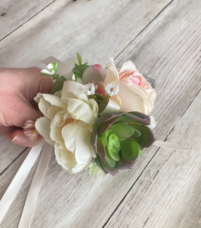 Rustic Pink Rose and Succulent Wrist Corsage & Boutonniere for Prom on Twig Wristband, Succulent Bracelet, Artificial Wristlet, Formal Dance image 4