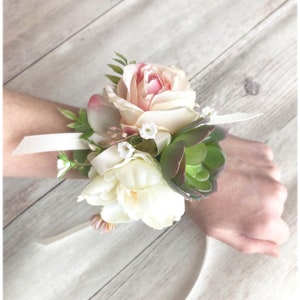 Rustic Pink Rose and Succulent Wrist Corsage & Boutonniere for Prom on Twig Wristband, Succulent Bracelet, Artificial Wristlet, Formal Dance image 2