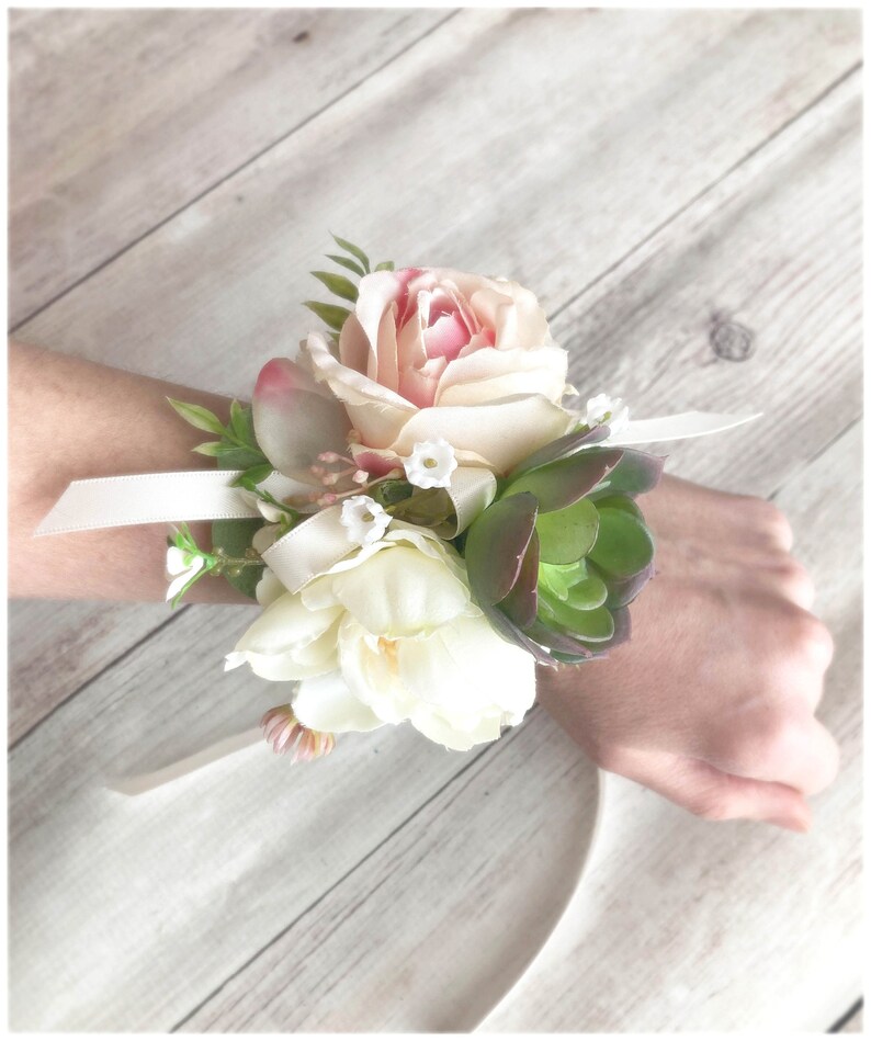 Rustic Pink Rose and Succulent Wrist Corsage & Boutonniere for Prom on Twig Wristband, Succulent Bracelet, Artificial Wristlet, Formal Dance image 2