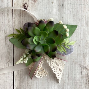 Succulent Wrist Corsage With Tie on Wristband, Custom Woodland Prom