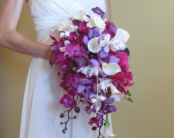 Cascading Purple Orchid & Calla Lily Bouquet, Beach Wedding, Purple and Fuchsia Bouquet Orchid Bouquets, Ivory Calla Lilies, Tropical