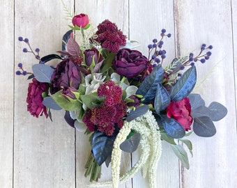 Deep Purple, Burgundy & Navy Wedding Bouquet for Halloween, Fall Wedding, Brides, Bridal Bouquet, Artificial Flowers, Dark Gothic Bouquet