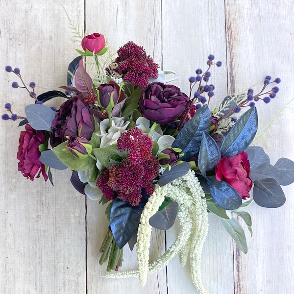 Deep Purple, Burgundy & Navy Wedding Bouquet for Halloween, Fall Wedding, Brides, Bridal Bouquet, Artificial Flowers, Dark Gothic Bouquet