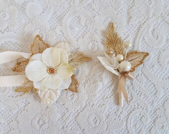 Small Gold & Ivory Wrist Corsage with Boutonniere, Wrist Corsages, Flower Corsage, Tie on Corsage, Wristlet, Homecoming Corsage, Prom