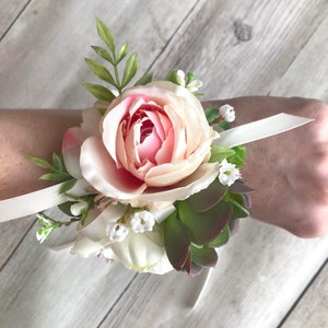 Rustic Pink Rose and Succulent Wrist Corsage & Boutonniere for Prom on Twig Wristband, Succulent Bracelet, Artificial Wristlet, Formal Dance image 3