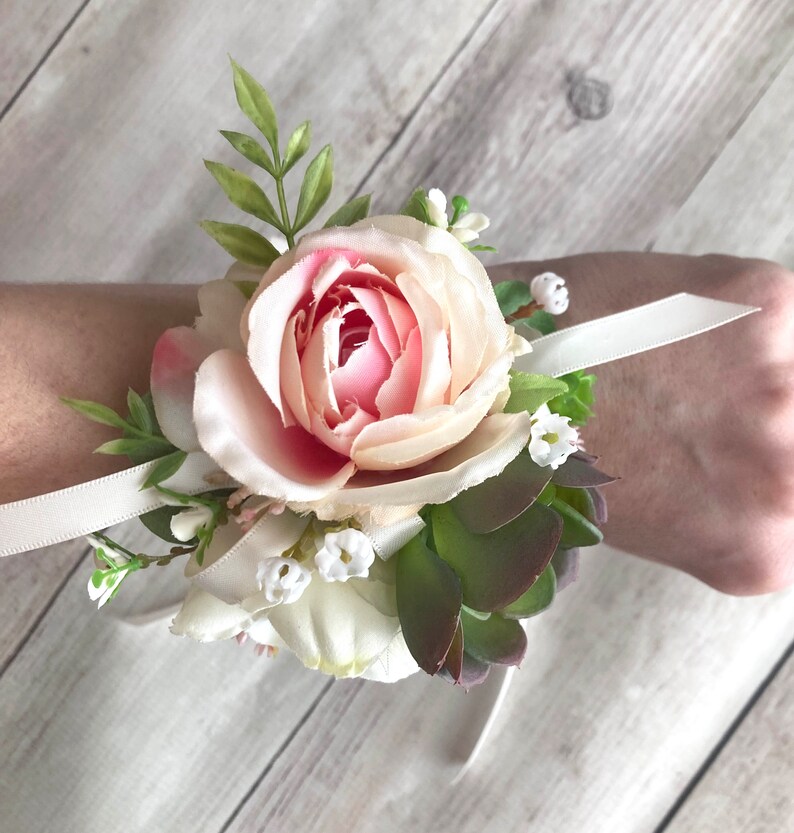 Rustic Pink Rose and Succulent Wrist Corsage & Boutonniere for Prom on Twig Wristband, Succulent Bracelet, Artificial Wristlet, Formal Dance image 3