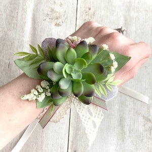 Succulent Wrist Corsage with Tie On Wristband, Custom Woodland Prom Corsage, Small Girl&#39;s Corsage, Simple Wildflower Wedding Corsage, Dance
