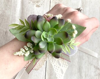 Succulent Wrist Corsage with Tie On Wristband, Custom Woodland Prom Corsage, Small Girl's Corsage, Simple Wildflower Wedding Corsage, Dance