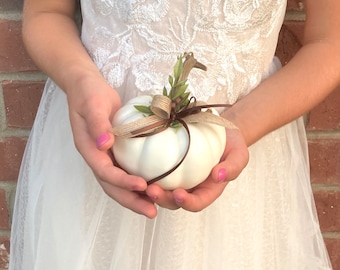 Small White Pumpkin Ring Bearer Pillow for your Fall Wedding, Ivory Pumpkin Pillow, Cinderella Wedding