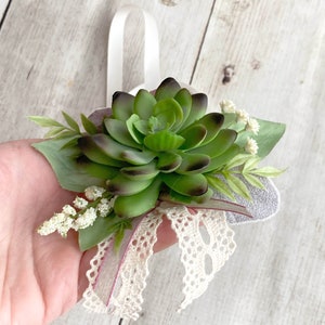 Succulent Wrist Corsage With Tie on Wristband, Custom Woodland Prom