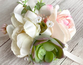 Rustic Pink Rose and Succulent Wrist Corsage & Boutonniere for Prom on Twig Wristband, Succulent Bracelet, Artificial Wristlet, Formal Dance