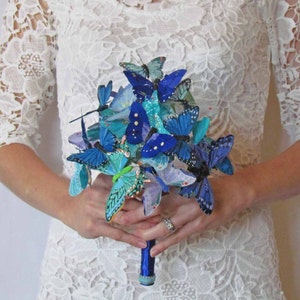 Blue Butterfly Wedding Bouquet: Teal & Royal Blue Feather Butterflies