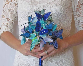 Blue Butterfly Wedding Bouquet, Bridal Bouquet with Butterflies, Blue Bouquet, Wedding Bouquet, Teal, Royal Blue Feather Butterflies
