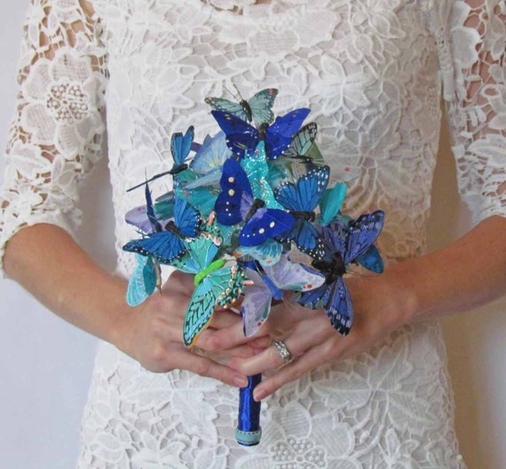 Blue Butterfly Wedding Bouquet, Bridal Bouquet With Butterflies