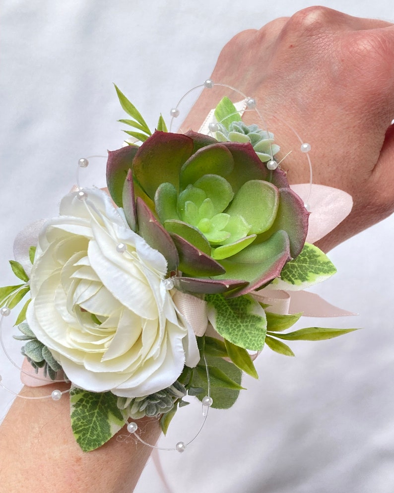 White & Light Pink Succulent Wrist Corsage for Prom, Succulent Bracelet, Tie on Wristband, Artificial Succulents, Wristlet, Formal Dance Bild 4