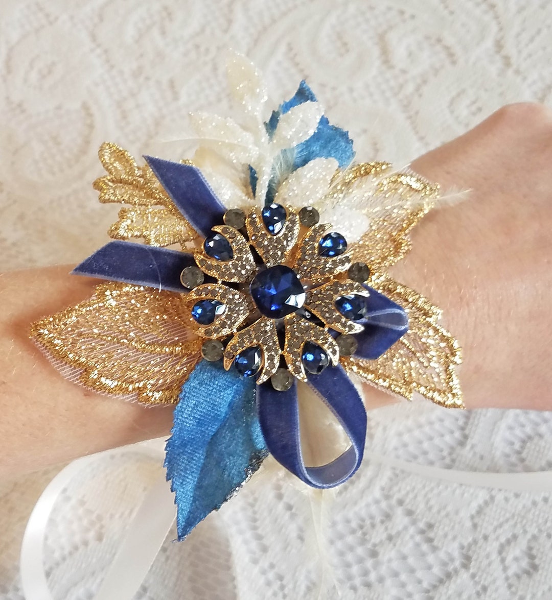 Prom Navy & Gold Wrist Corsage, Winter Dance Wrist Corsage, Blue