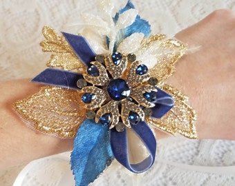 Prom Navy & Gold Wrist Corsage, Winter Dance Wrist Corsage, Blue, Wristlet, Bracelet, Mother's Wrist Corsage, with Rhinestones and Feathers