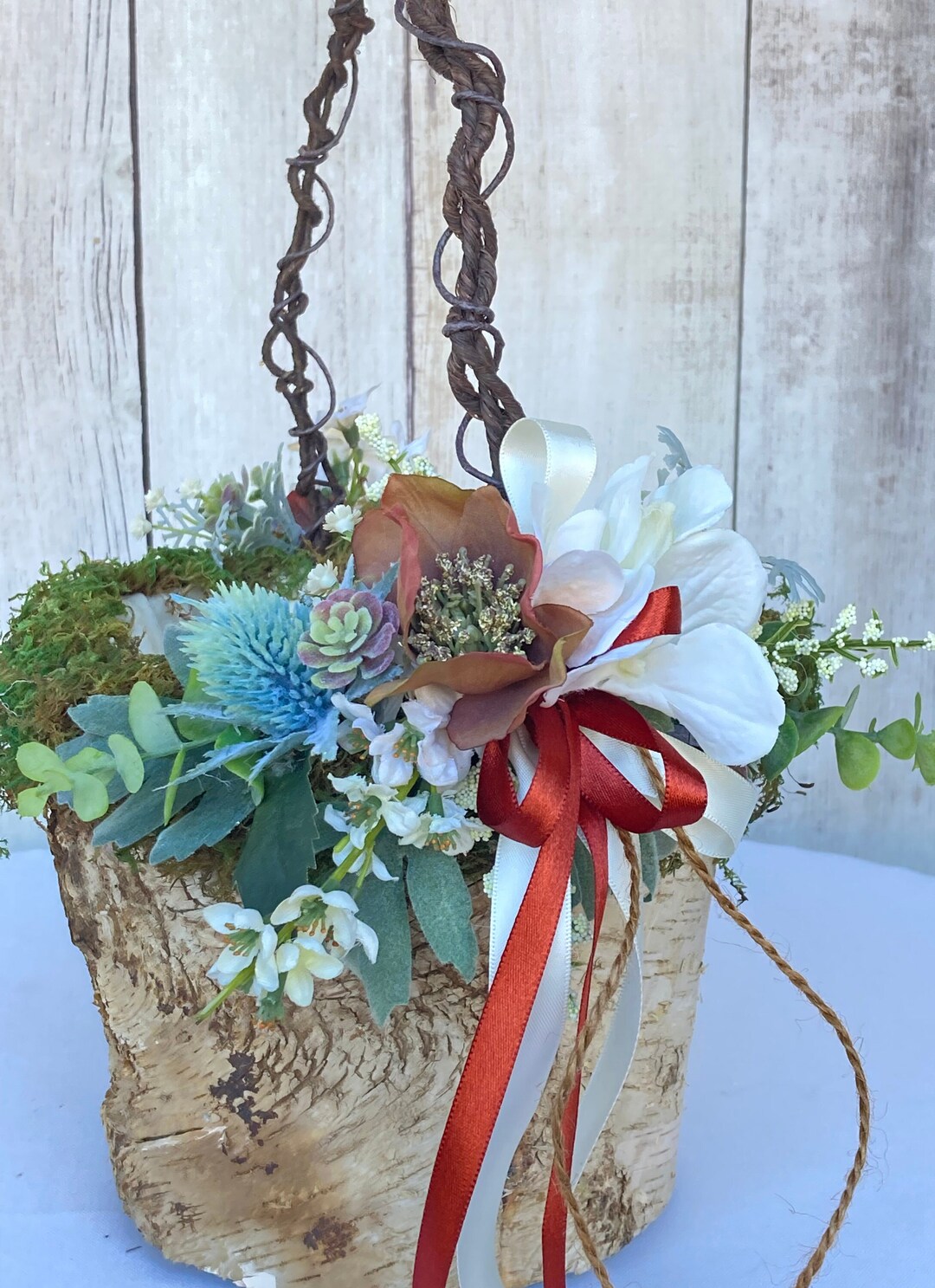 Large Birch Flower Girl Basket, Wooden Flower Girl Basket, Moss Basket