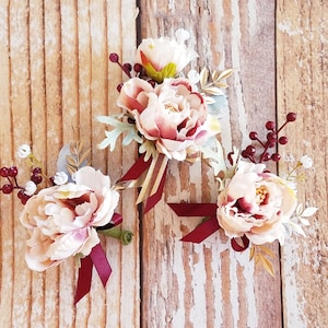 Blush Pink & Burgundy Rose Boutonnieres, Pink Groomsmen Boutonnieres, Farmhouse, Country, Rustic Fall Wedding, Winter Wedding, Faux Flowers